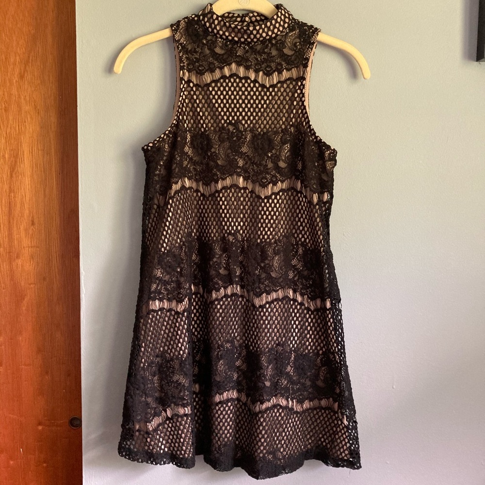 ‘Love, Fire’ Black Lace Nude Mini Dress